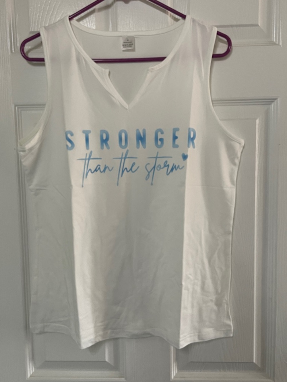 White Tank Top with Blue 'Stronger Than The Storm' Script